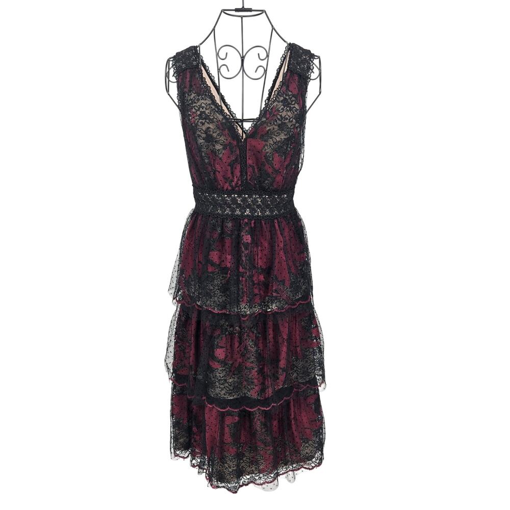 Size 12 BHLDN Burgundy Black Lace Midi Dress Gothic Floral Mesh Party Prom